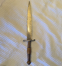 Double Edge Dagger Knife Etched Steel Blade “SALUS PATRIA” Wood Handle picture