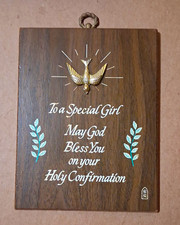Vintage Roman Inc Catholic Holy Confirmation Wood Plaque Gold Dove Girl Gift Wal picture