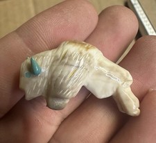 Vintage Zuni Carved Alabaster White Buffalo Fetish Pin Brooch Turquoise Horns picture