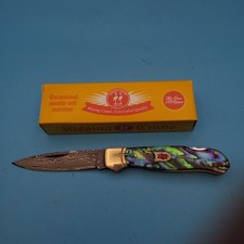 Kissing Crane Lockback Pocket Knife Damascus Abalone Shell 6.25x3.5x3.75 picture