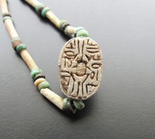 NILE  Ancient Egyptian Scarab Amulet Mummy Bead Necklace ca 600 BC picture