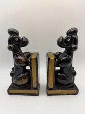 Vintage Black and Gold Ceramic French Poodle Bookends Pen Holder Pair MCM picture