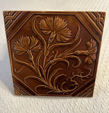Antique English Minton Majolica Triple Blossoms Tile. 6x6 inches. picture