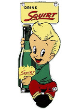 VINTAGE SQUIRT SODA BOY EMBOSSED DIE CUT METAL ADVERTISING SIGN GAS OIL COLA picture