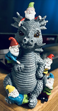 Fantasy Dragon Figurine Statue with Gnomes, Gray Dragon, Multicolor Gnomes Resin picture
