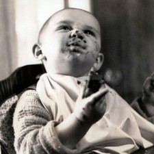 c1950s Messy Baby Cake Face High Chair Snapshot Photo Birthday Bib Smear Eating picture