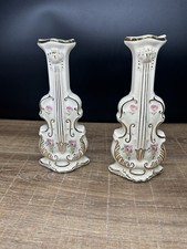 Rare Pair Vintage Porcelain Violin Vases 9.5”Floral Gold Gilt Musical Instrument picture