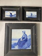 Antique Dutch Delft Blue and White Pottery Tile Framed Lot Of 3 picture