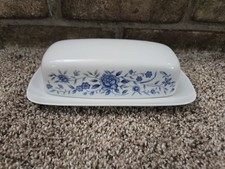 Elite Creation Vtg 70s Blue Brocade Covered Butter Dish & Lid Floral Rose Japan picture
