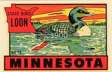 VINTAGE MINNESOTA STATE BIRD LOON SOUVENIR RETRO LUGGAGE TRAVEL DECAL ORIGINAL picture