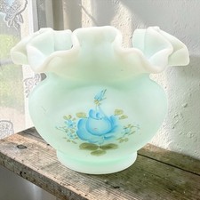 Fenton Art Glass Hand Painted Roses on Blue Satin Custard Ruffled Vase Rosebowl picture