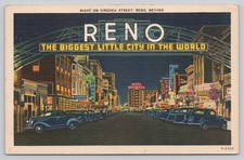 Vintage 1943 Reno Nevada Virginia Street Night Linen Postcard Arch Sign Cars picture