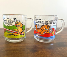 McDonald’s Garfield Glass Mugs Set of 2 Clear Multicolor Cups w/ Handles picture