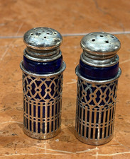VINTAGE COBALT BLUE GLASS SALT & PEPPER SHAKERS SILVER FILIGREE SLEEVES DOME CAP picture