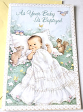 Vintage Greeting Card Cute Baby Baptism Card Squirrel Birds Bunny Kathy Lawrence picture