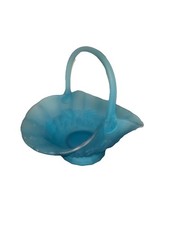 Vintage Westmoreland Aqua Satin Large Glass Basket Depression Era Antique picture