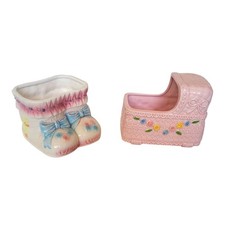 Vtg Ceramic Baby Planter Set Pink Bassinet White Baby Booties  Napco Nancy Pew picture