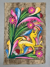 Vintage Mexican Amate Bark Art Painting Folk Art Deer Flowers UV Reactive picture