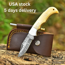 Handmade 6.7in Damascus Steel Folding Knife,Pocket knife w/Leather Sheath picture