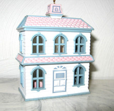 Russ Berries Holiday House White w/Blue Trim Christmas Ornament Dollhouse NO BOX picture