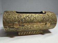 Brass Cylinder Shape Ashtray Box Vintage Etched Floral Leaf Design - Trench Art? picture
