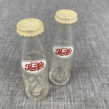 VTG Mini Drink Pepsi Cola Glass Salt and Pepper Shakers Plastic Top Advertising picture