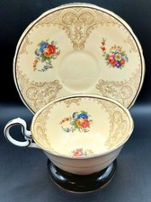 Vintage~ Aynsley~ Teacup & Saucer~ Pink & BlueFloral/Tan w/Gold Scrolls & Bands~ picture