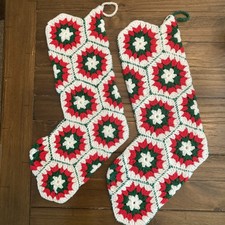 Set Of 2 Vintage Granny Square Crochet Handmade Holiday Christmas 20” Stockings picture