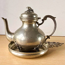 Italian Made Pewter Teapot with Ornate Handle & Floral Finial Lid picture