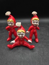 Vintage Japan Christmas Pixie Trio Red Pajamas Jewel Eyes Spaghetti Poms Hats picture