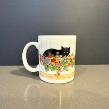 Vintage Sue Boettcher Black Cat Flowers Coffee Tea Mug Japan Trans-Can Greetings picture