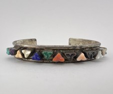 Vtg Lloyd Tsalabutie Zuni Sterling Silver Multi Gem Carved Heart Cuff Bracelet picture