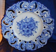 Vintage Portugal Blue White Pierced Plate Alcobaca Vestal Hand Painted 12.5 Inch picture