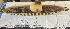 Huge Vtg Wood Carved Boat Canoe Art Village People & Elephant African Made Tribe picture