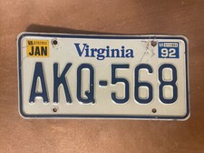 1992 Virginia License Plate # AKQ-568 picture