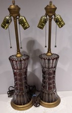Matched Pair 1950s Val St Lambert Ruby Cut To Clear Crystal Table Lamps Bohemian picture