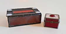 Vtg 2pc Lot Stained Glass Jewelry Trinket Box Red Cobalt White 6.5x4x2.5 2.5x2x2 picture