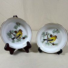 Vintage Japan Evening Grosbeak B6 Bird Porcelain Butter Pats Gold Trim Set of 2 picture