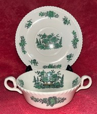 Copeland Spode England Green Flower Basket 2 Handle Soup Cup Bowl & Saucer Set picture