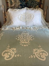 Vintage French Tambour Net Tape Lace Twin Bedspread With Pillow Overlay picture