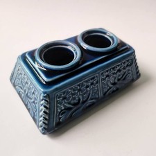 Vintage Blue Ceramic Double Inkwell Desk Accessory Glazed Pottery Collectible picture