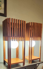 1970s Vintage Mid Century Modern Handcrafted Wood Swag Lamps Frank Lloyd ESQUE  picture