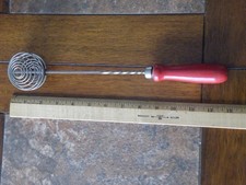 VINTAGE Handheld EGG BEATER Wire WHISK with RED Wood HANDLE Farmhouse KITCHEN picture