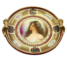 Antique Schwarzburg Gold Beaded Hand Painted Portrait Footed Plate with Handles picture