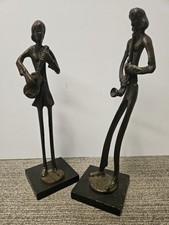 Vtg two Painted Solid Brass Musicians: Guitarist and Saxophonist. picture