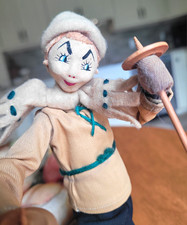 Vintage Roldan Klumpe? Christmas Skier Fabric/Felt Doll w Skis/ Poles. Fun picture