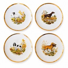 VINTAGE HUNTING DOG PLATES SET OF FOUR 7” GOLD TRIM SPORTING COUNTRY DECOR picture