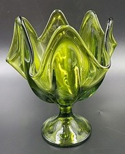 Viking Glass Vase Handkerchief Olive Green Pedestal Dish 6 Points 7