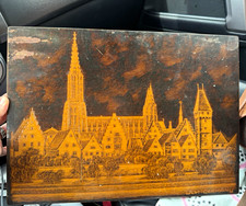 Vintage Ulm Germany Wood Etching Art 9x16x0.5”  artisan folk detail handmade picture