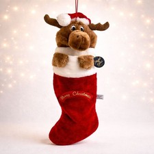 Chrisha Moose Christmas Stocking Plush VTG Red White Holiday Mantel Decor picture